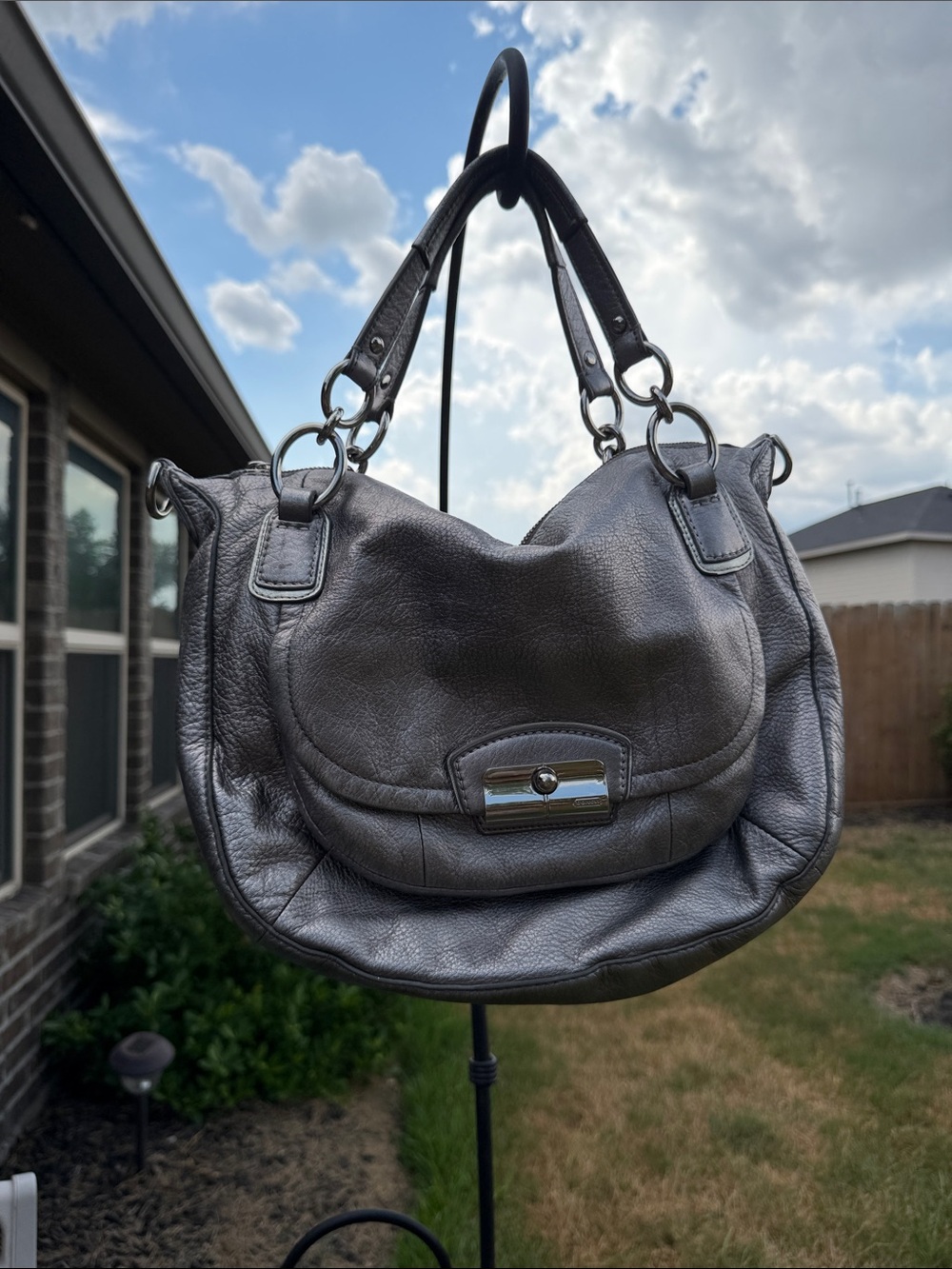 Coach Structured Metallic Gray Leather Shoulder Bag